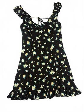 Free People Floral Mini Dress Size M Black Ruffle Hem Tie Back Boho